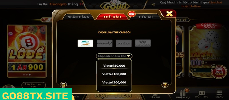 Rút tiền go88 tài xỉu bằng thẻ cào điện thoại